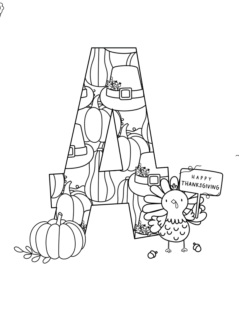 HAPPY THANKSGIVING with TURKEY MONOGRAM COLORING PAGES